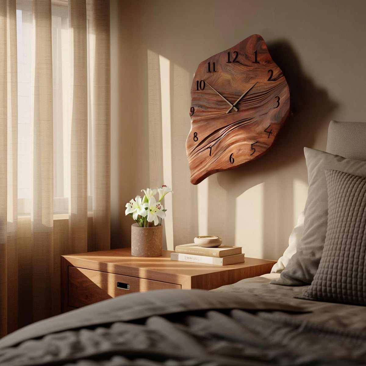 Minimalist Wall Clock, Handcrafted Organic Shape Solid Wood Decorative Timepiece for Living Room
