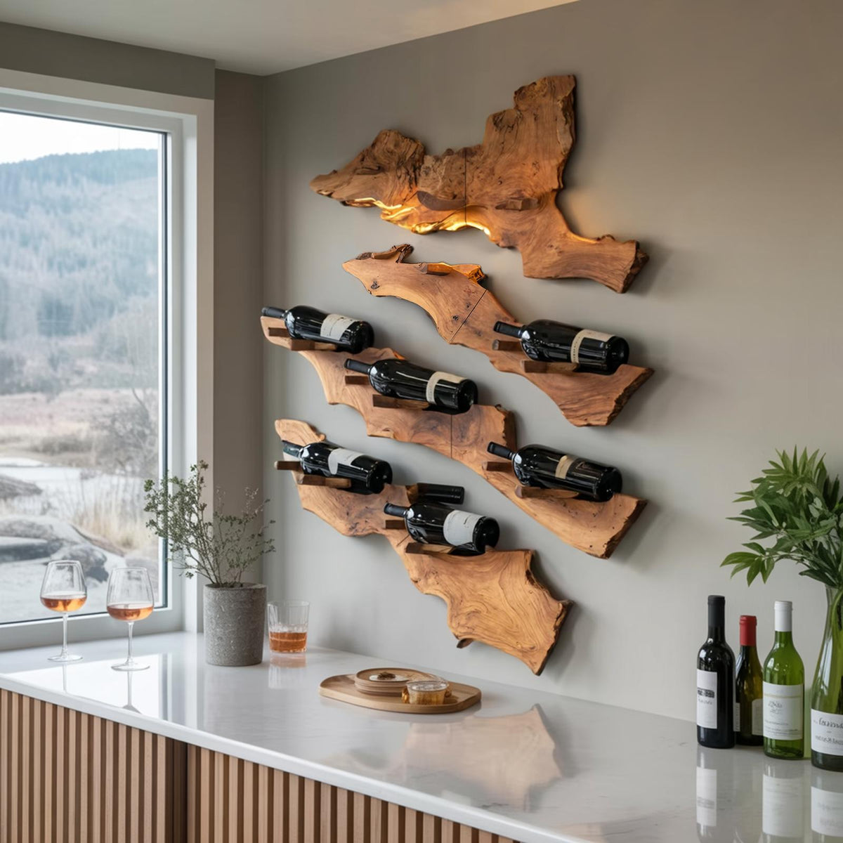 Handcrafted Live Edge Wooden Wine Holder, Rustic Solid Wood Bottle Storage Rack for Bar Decor