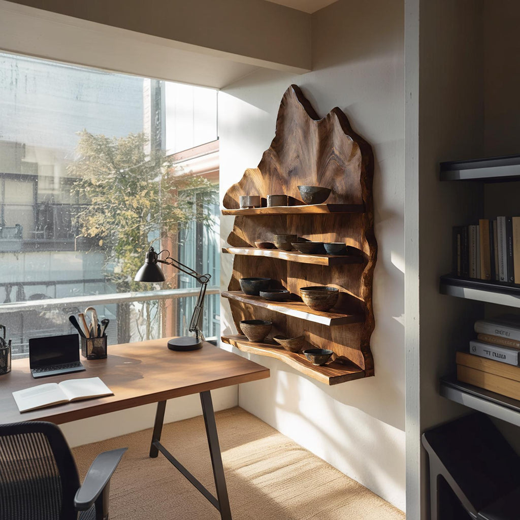 Industrial Live Edge Floating Shelf, Rustic Solid Wood Wall Mounted Storage Rack for Living Room