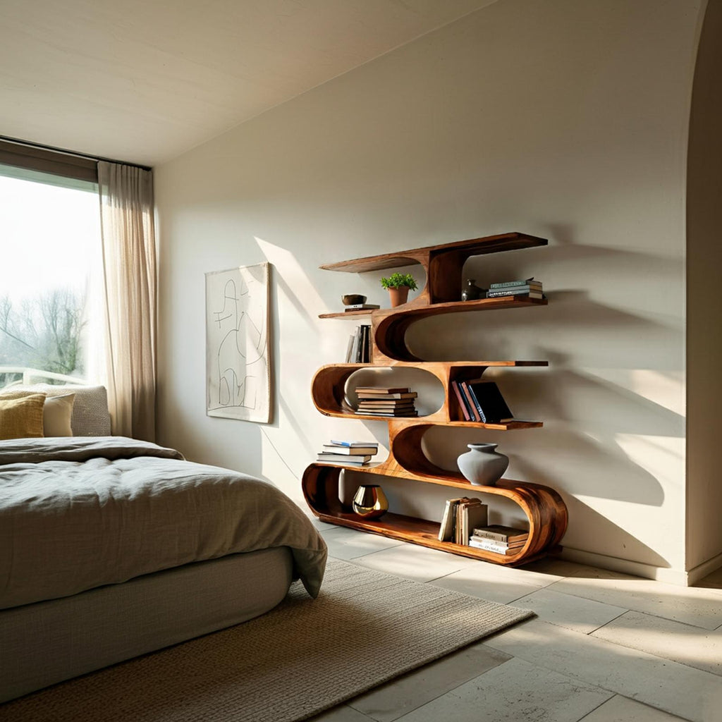 Artistic Curved Bookcase, Handcrafted Wood Bookshelf with Sculptural Design for Modern Living Room Decor