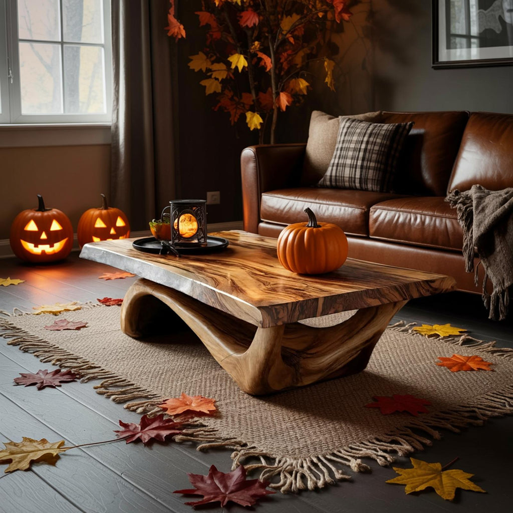 Modern Solid Wood Coffee Table, Spooky Haunted Style Live Edge Wooden Table Top for Halloween Living Room Decor
