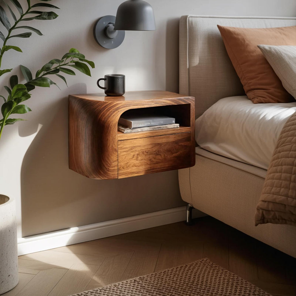 Spry Interior Modern Floating Nightstand, Minimalist Wall Mounted Wood Bedside Table with Drawer for Bedroom, Model RTTHHNNS008