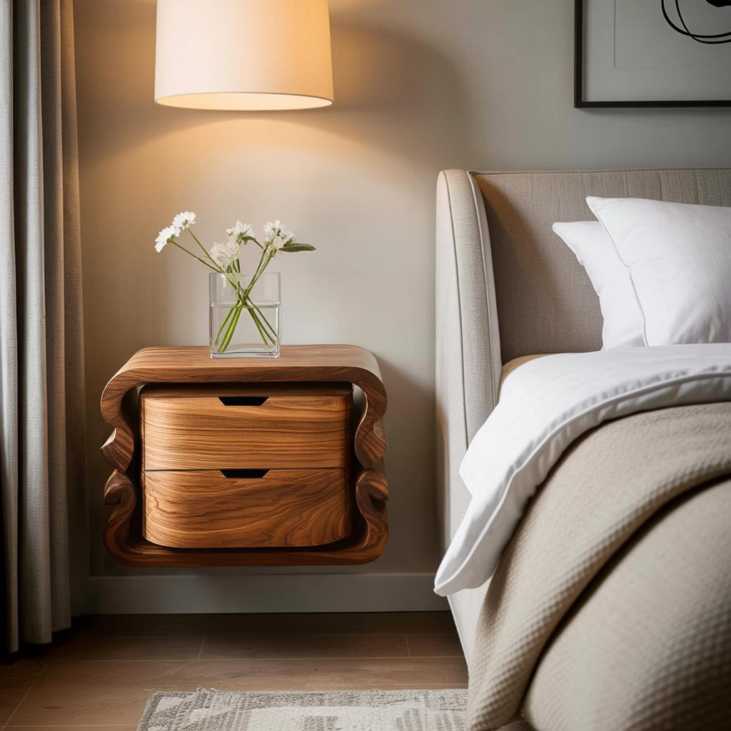 Spry Interior Sculptural Floating Nightstand, Modern Wall Mounted Wooden Bedside Table with Open Shelf, Model RTTHHNNS009
