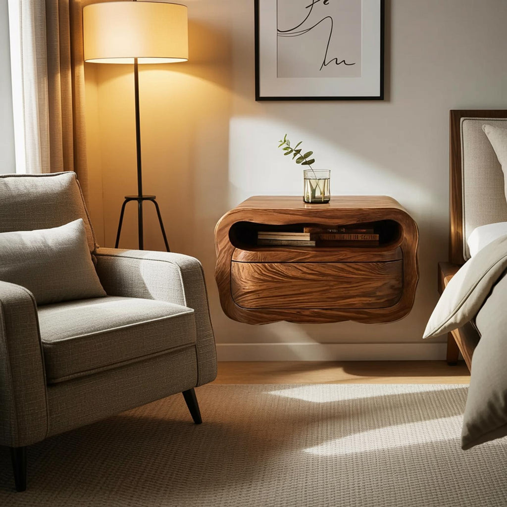 Spry Interior Modern Floating Nightstand with Soft Curves, Wall Mounted Wooden Bedside Table with Drawer, Model RTTHHNNS011