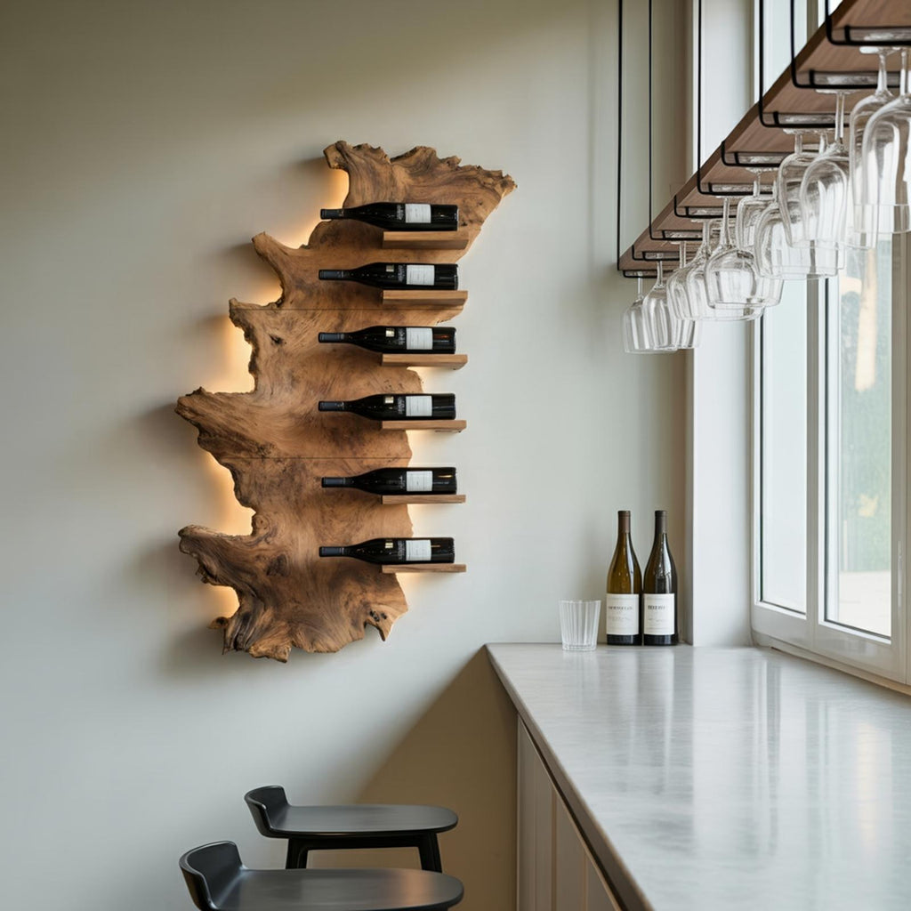 Handcrafted Live Edge Wooden Wine Holder, Rustic Solid Wood Bottle Storage Shelf for Bar Display