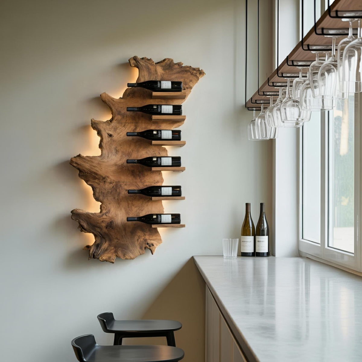 Handcrafted Live Edge Wooden Wine Holder, Rustic Solid Wood Bottle Storage Shelf for Bar Display