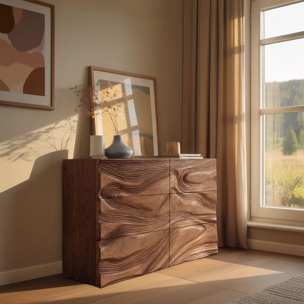 Minimalist Wooden Sideboard with Sculpted Wave Front, Handcrafted Solid Wood Credenza for Living Room Decor, Model