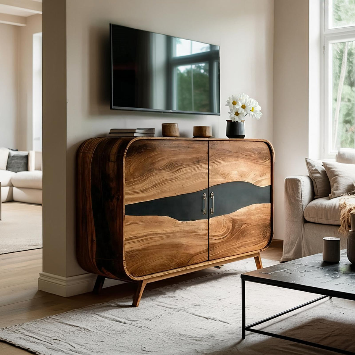 Spry Interior Farmhouse Live Edge Wooden Media Console, Solid Wood TV Stand & Entertainment Center for Entryway & Living Room, SILDTTNTVC115