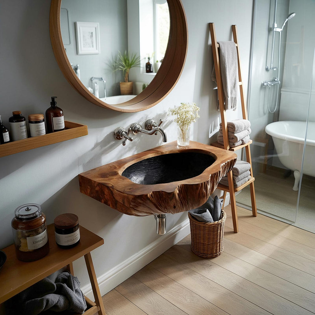Mid Century Wall Mounted Wooden Bathroom Sink Vanity, Handcrafted Rustic Solid Wood Floating Wash Basin