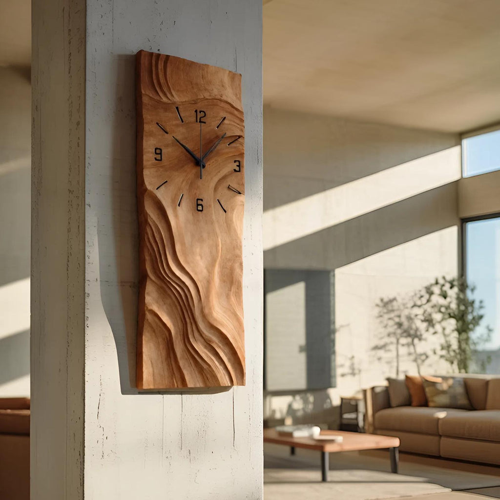 Organic Vertical Sculptural Wall Clock, Handcrafted Modern Wood Hanging Timepiece for Living Room