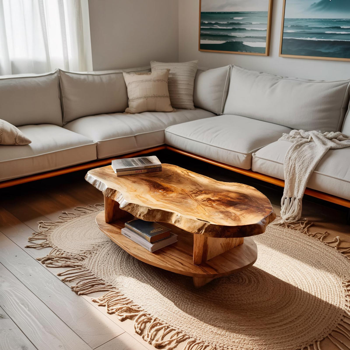 Rustic Wooden Coffee Table with Live Edge & Open Storage Shelf, Solid Wood Center Table, Model