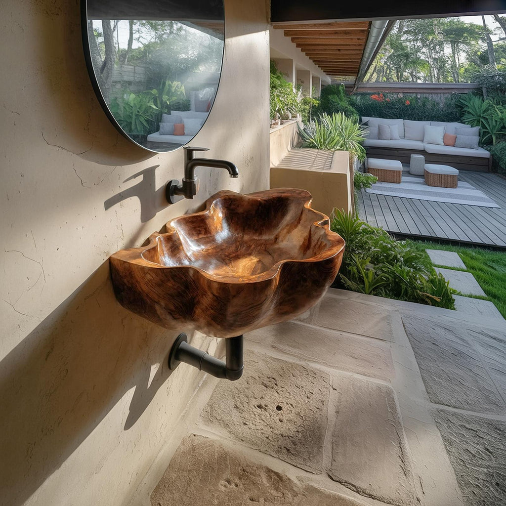 Handcrafted Live Edge Wooden Vessel Sink, Rustic Solid Wood Wash Basin for Bathroom Vanity Tabletop