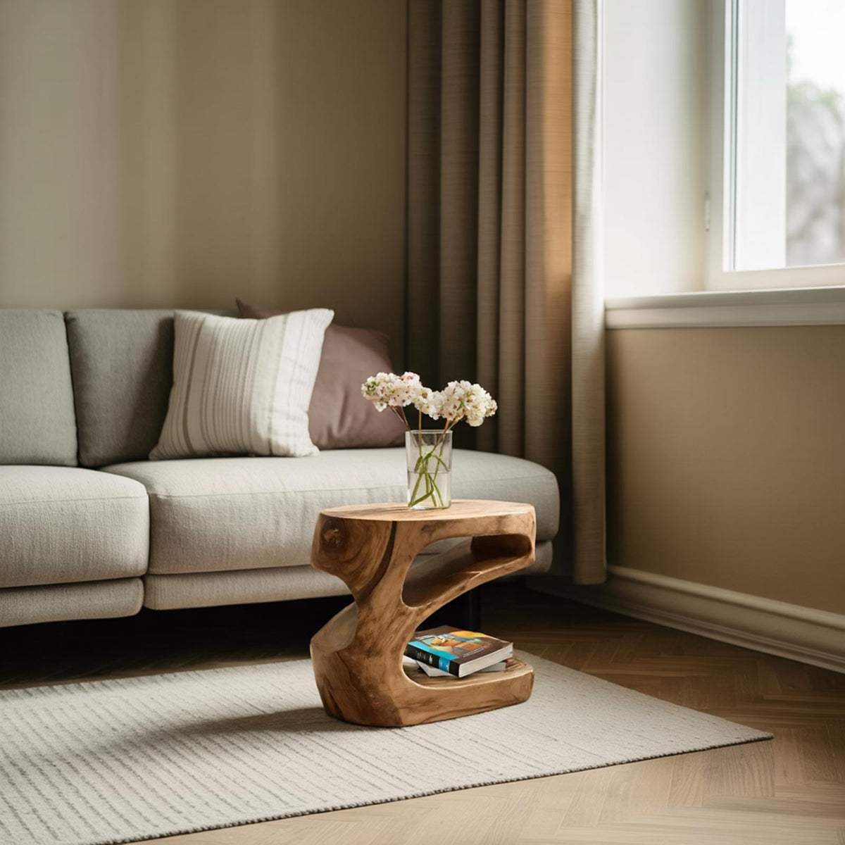 Artistic Side Table with Storage Shelf, Handcrafted Solid Wood End Table & Nightstand for Living Room, Model