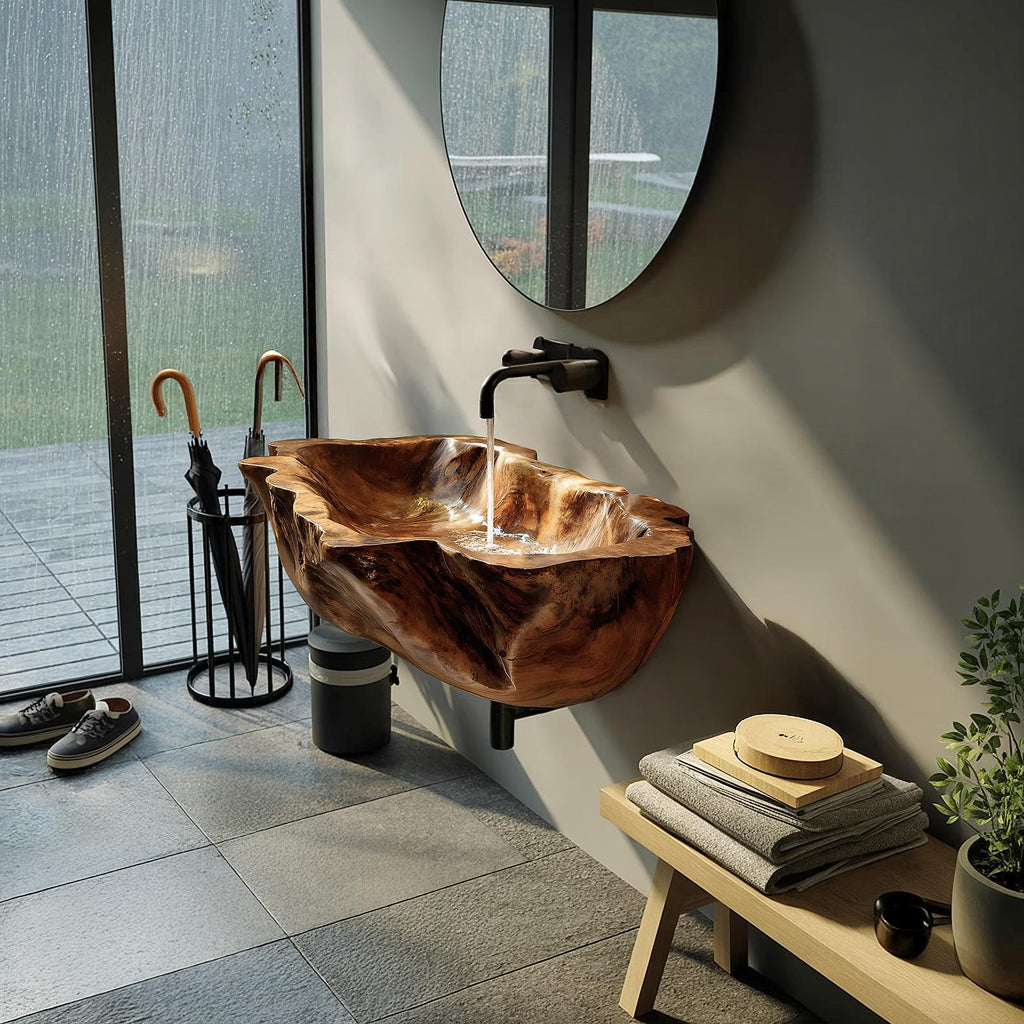 Farmhouse Solid Wood Vessel Sink, Rustic Natural Wooden Wash Basin for Bathroom & Vanity Faucet Decor