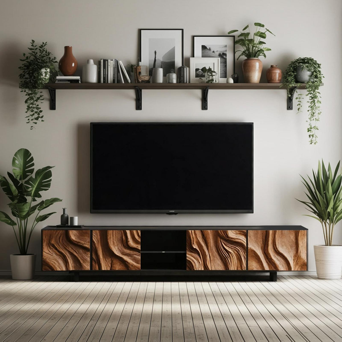 Farmhouse TV Console Table, Rustic Reclaimed Wood Media Center Cabinet with Shelving for Cozy Living Room Decor