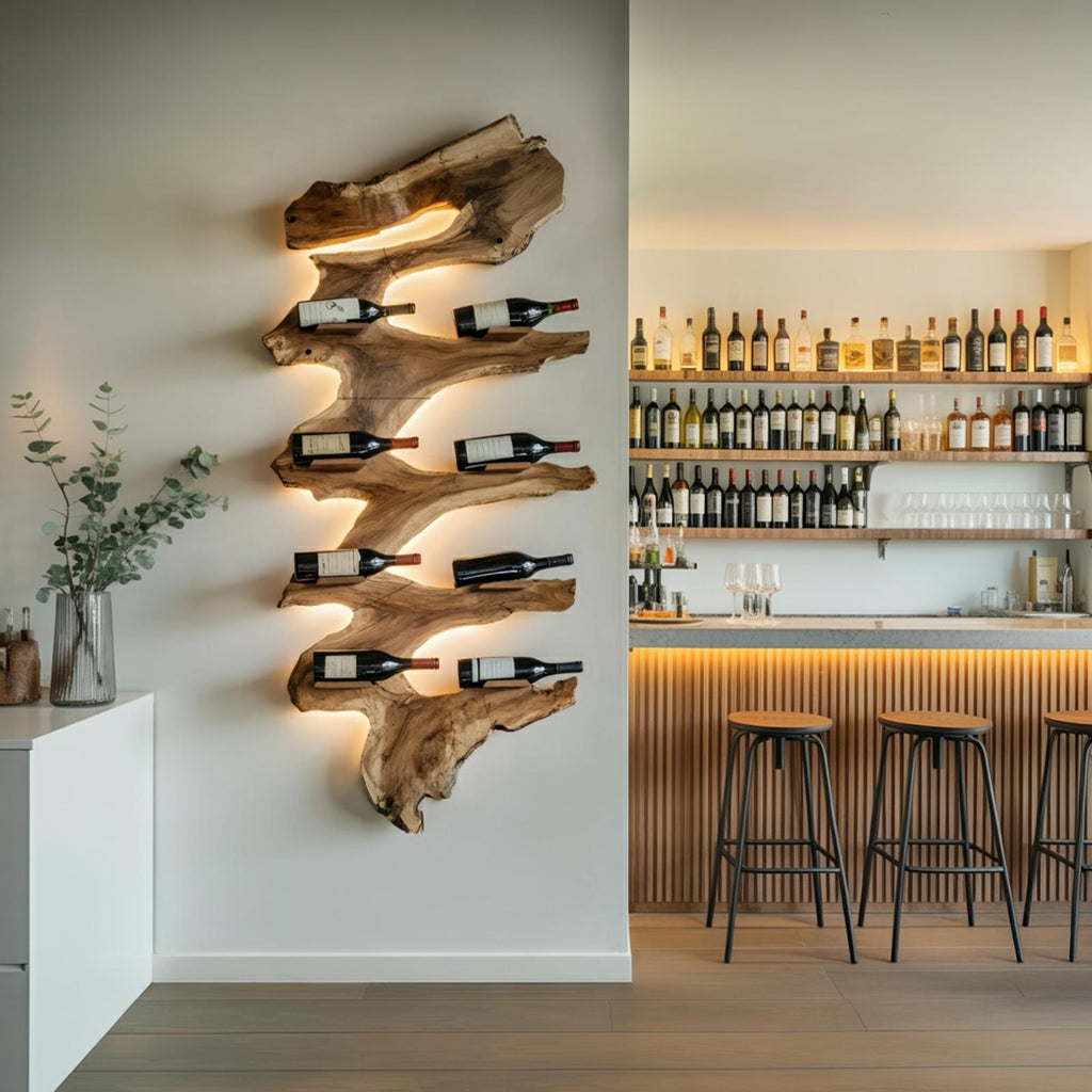 Modern Solid Wood Wine Rack, Handcrafted Wooden Wine Bottle Holder Shelf for Living Room