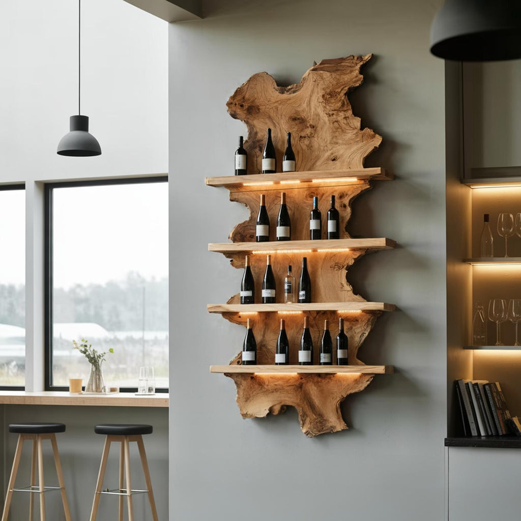 Mid Century Live Edge Wooden Wine Holder, Handcrafted Solid Wood Bottle Display Stand for Bar