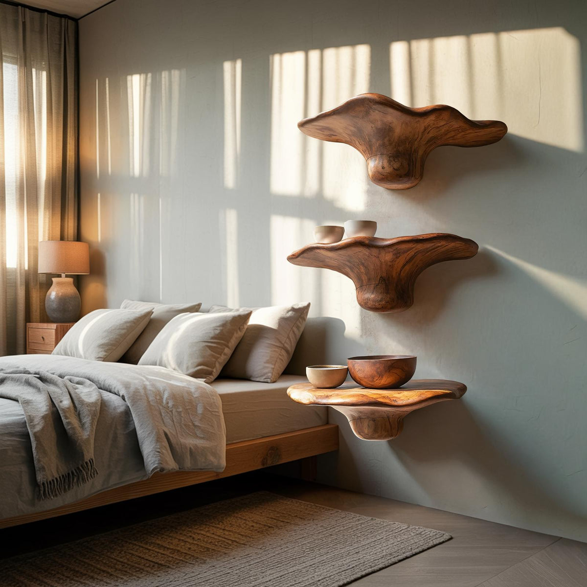 Handcrafted Solid Wood Mushroom Shelf For Bedroom Wall Decor