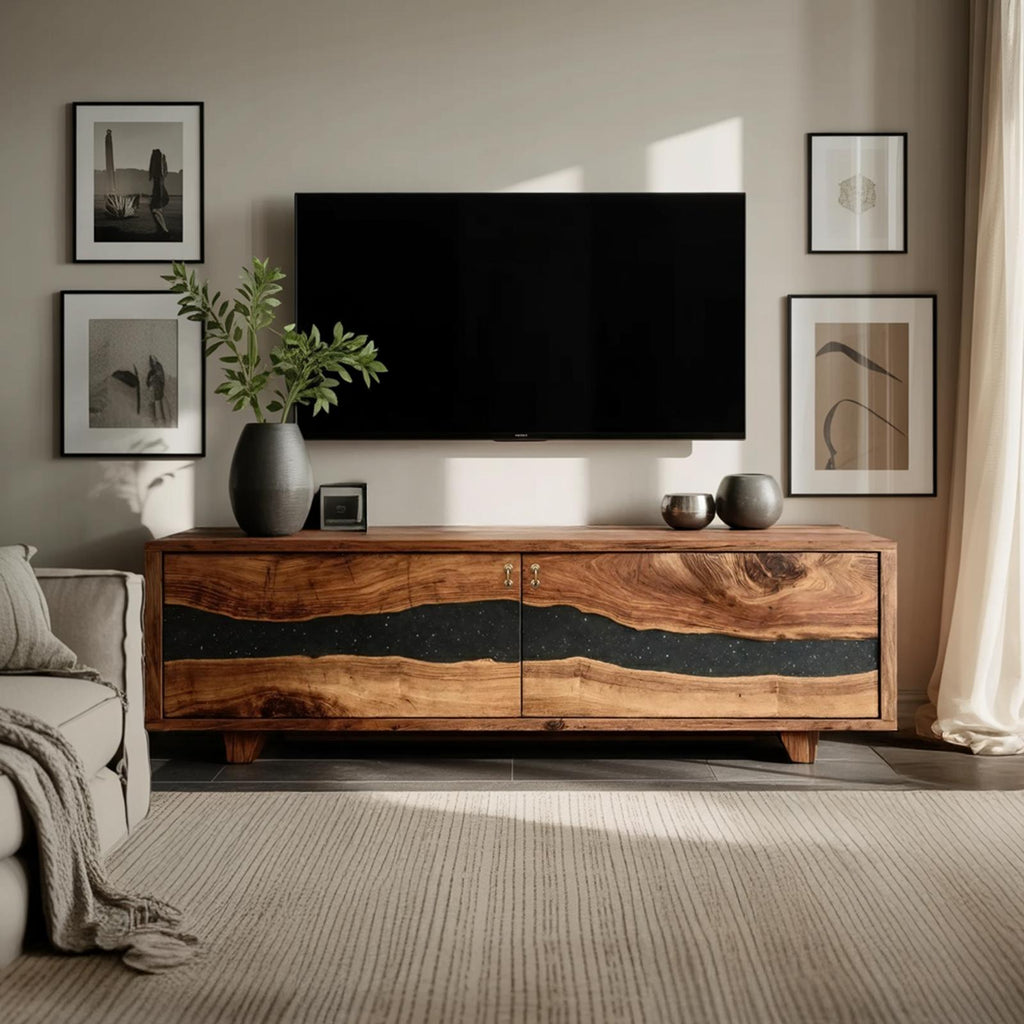 Spry Interior Handcrafted Live Edge TV Cabinet, Rustic Solid Wood Media Console & Entertainment Center Stand, SILDTTNTVC092