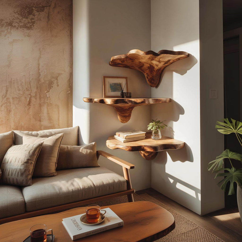 Handcrafted Wooden Live Edge Mushroom Shelf For Entryway Design