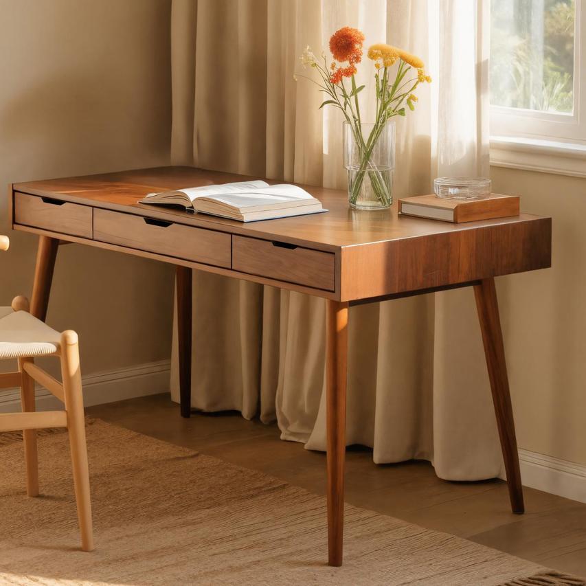 Mid-Century Modern Wood Desk with Drawers, Solid Wood Computer Study Table, Writing Desk for Home Office