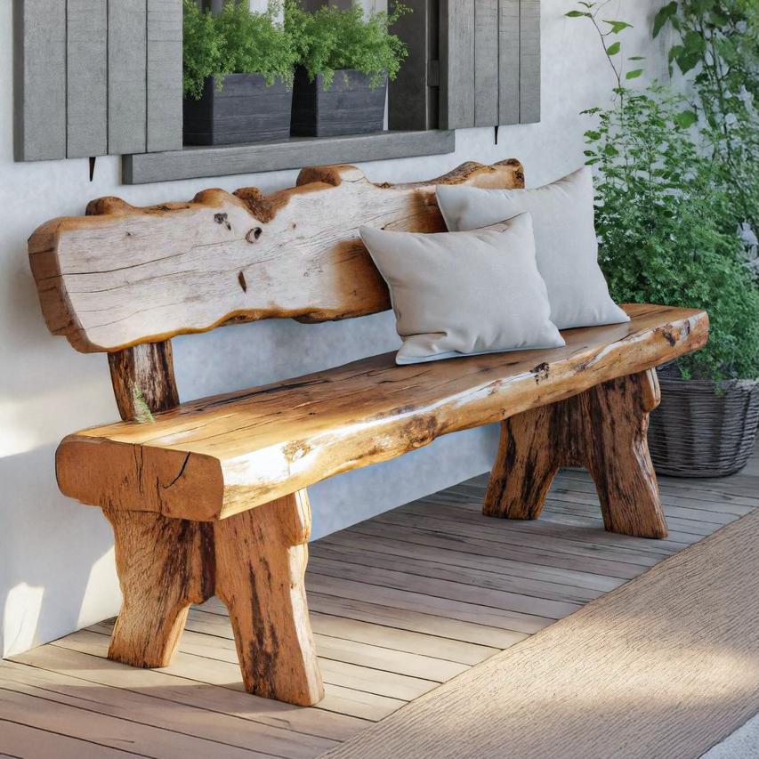 Rustic Live Edge Outdoor Wooden Bench With Backrest For Porch Or Garden