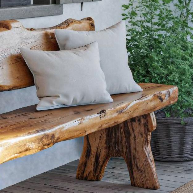 Rustic Live Edge Outdoor Wooden Bench With Backrest For Porch Or Garden