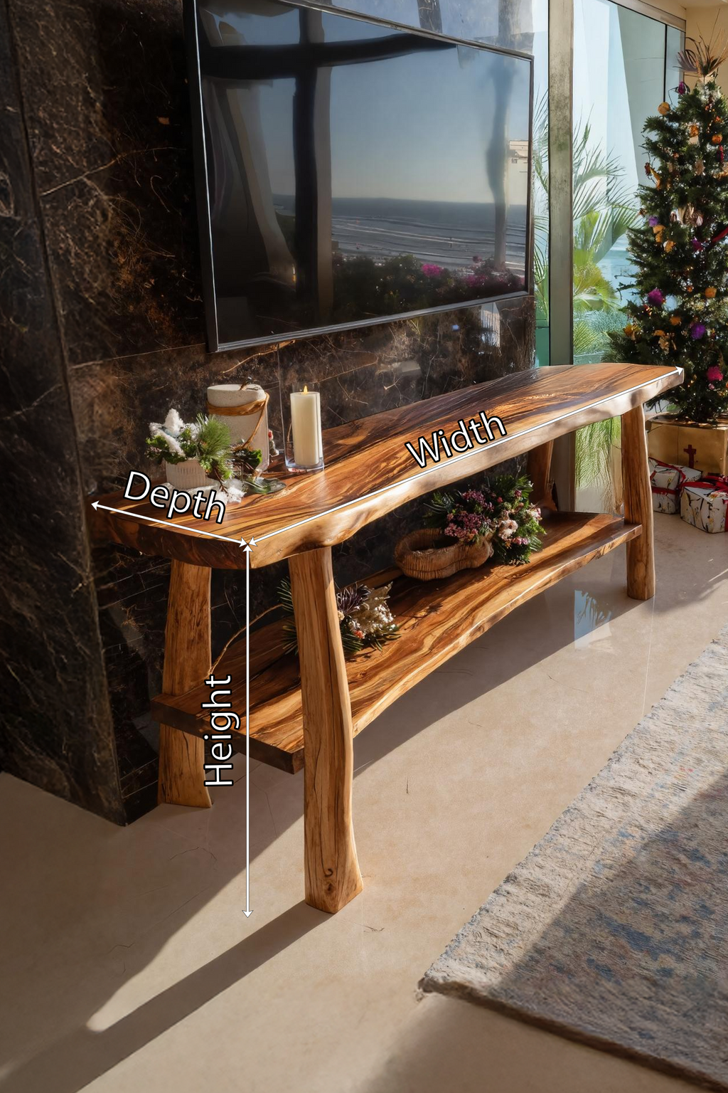 Mid-Century Wooden Live Edge TV Console, Solid Wood Entertainment Center Media Stand for Living Room