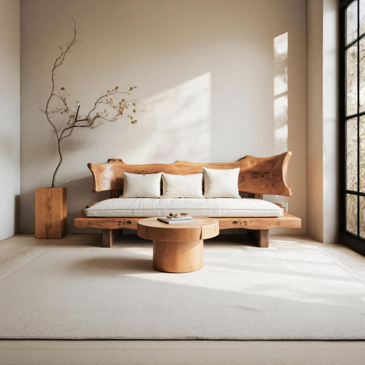 Rustic Solid Wood Sofa with Natural Live Edge Backrest, Handcrafted Wooden Couch for Living Room & Lounge