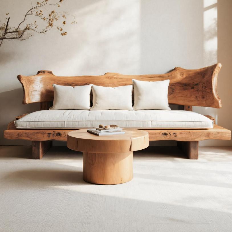 Rustic Solid Wood Sofa with Natural Live Edge Backrest, Handcrafted Wooden Couch for Living Room & Lounge