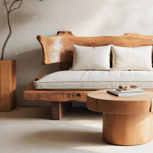 Rustic Solid Wood Sofa with Natural Live Edge Backrest, Handcrafted Wooden Couch for Living Room & Lounge