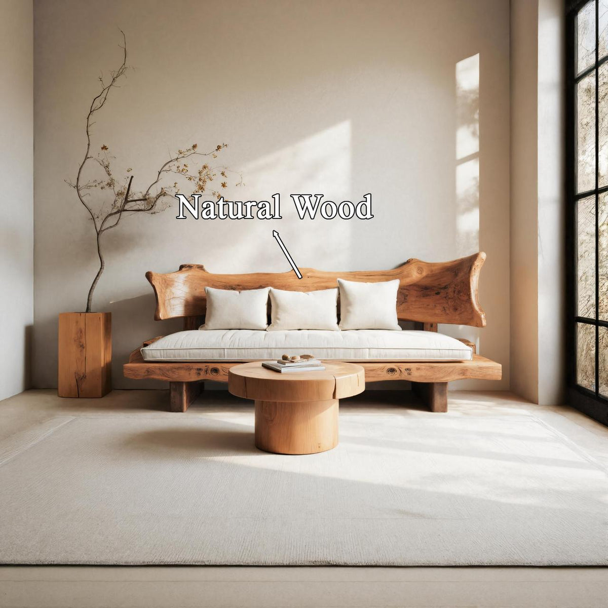 Rustic Solid Wood Sofa with Natural Live Edge Backrest, Handcrafted Wooden Couch for Living Room & Lounge