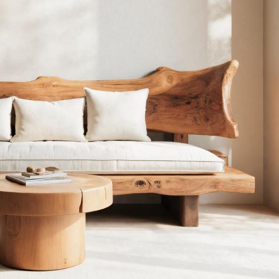 Rustic Solid Wood Sofa with Natural Live Edge Backrest, Handcrafted Wooden Couch for Living Room & Lounge