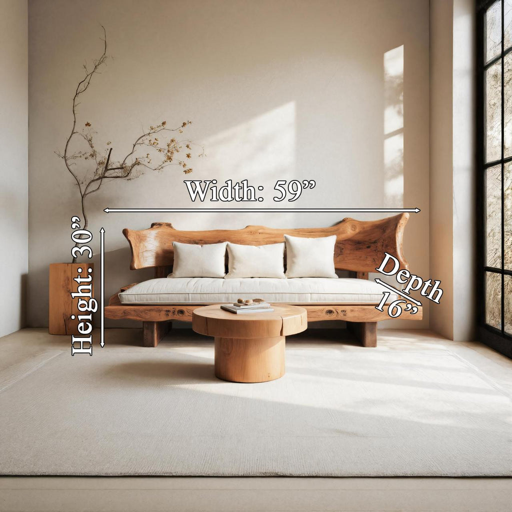 Rustic Solid Wood Sofa with Natural Live Edge Backrest, Handcrafted Wooden Couch for Living Room & Lounge