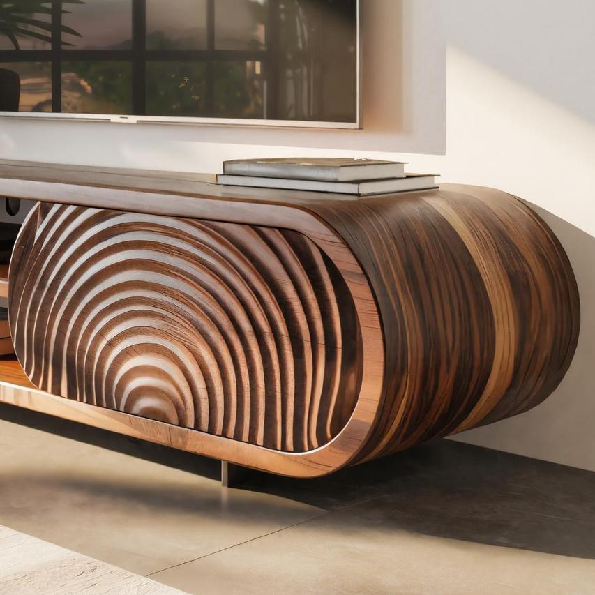 Modern Rounded Wood TV Stand With Sculpted Doors For Living Room