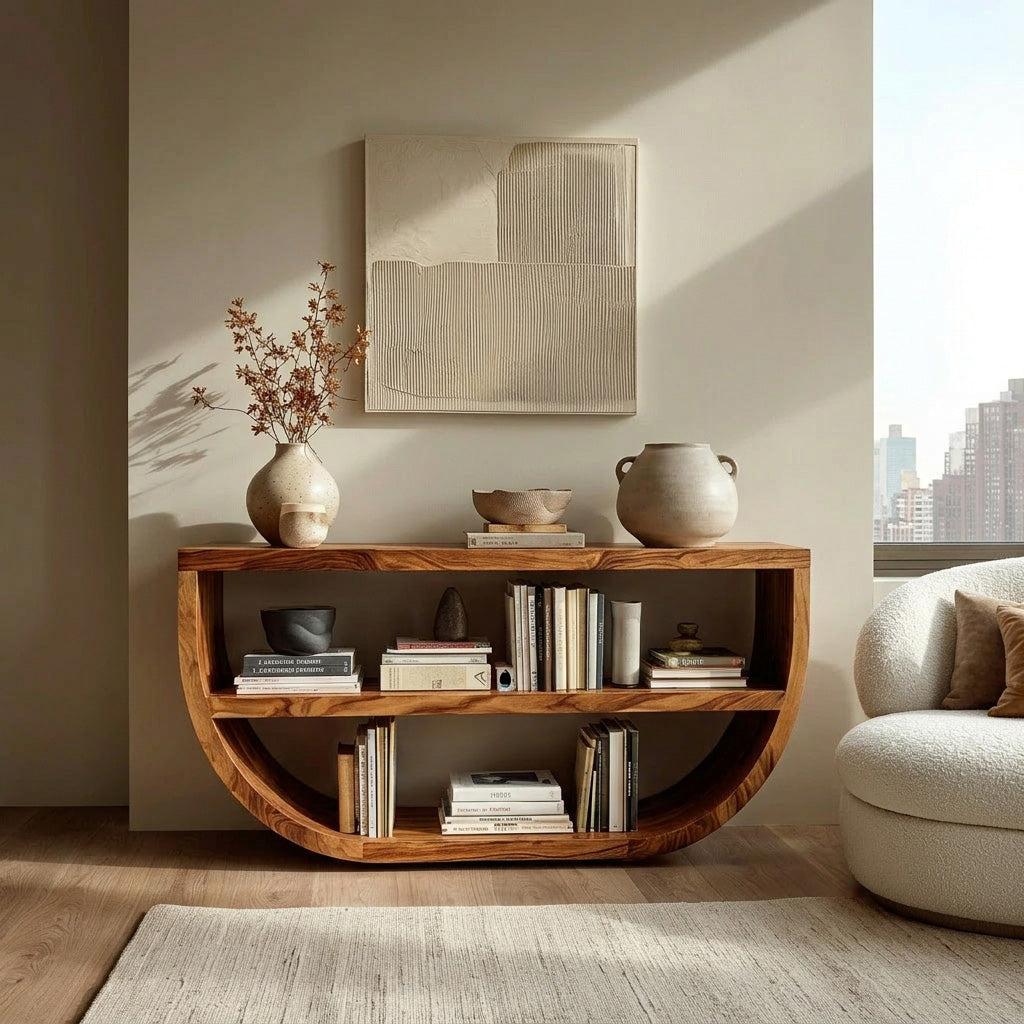 Organic Wooden Console Table With Storage For Living Room