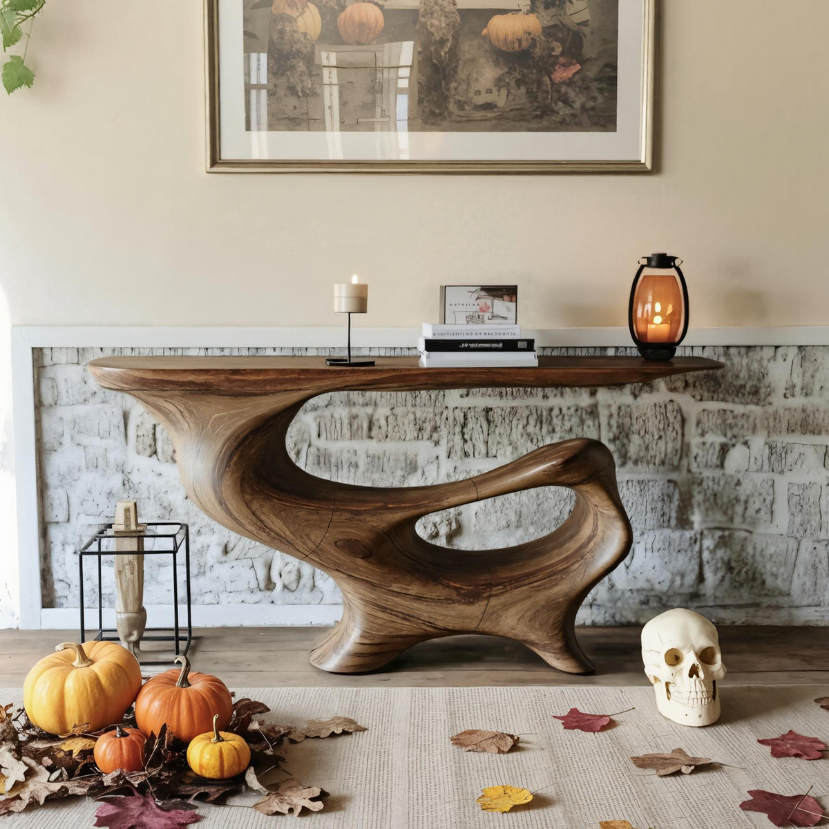 Mid Century Solid Wood Console Table, Live Edge Entryway Foyer Sofa Table, Halloween Holiday Accent Furniture Decor