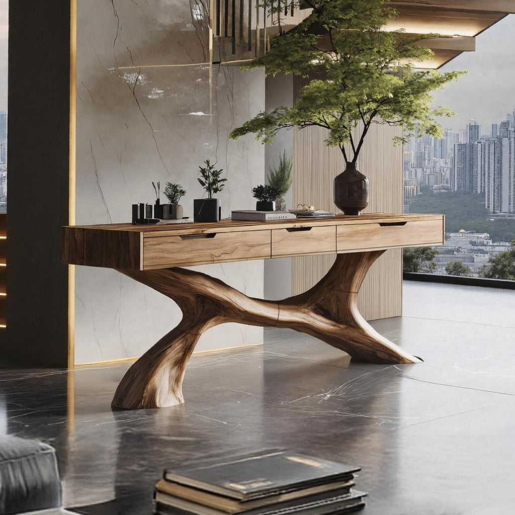 Rustic Wooden Console Table, Solid Wood Living Room Accent Hallway Sofa Table with Drawer, Model