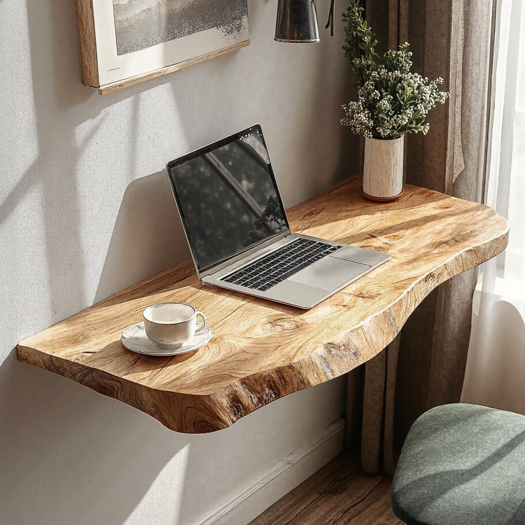 Rustic Solid Wood Floating Vanity Table, Space-Saving Wall-Mounted Console Desk for Bedroom Decor