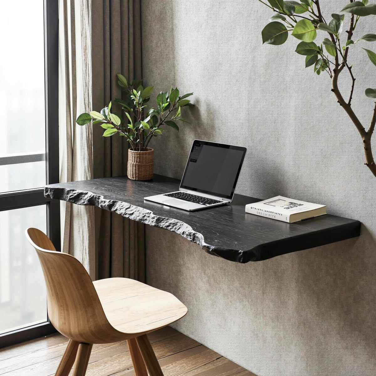 Rustic Solid Wood Floating Desk Table, Wall-Mounted Bedside Vanity Desk for Cozy Bedroom Decor