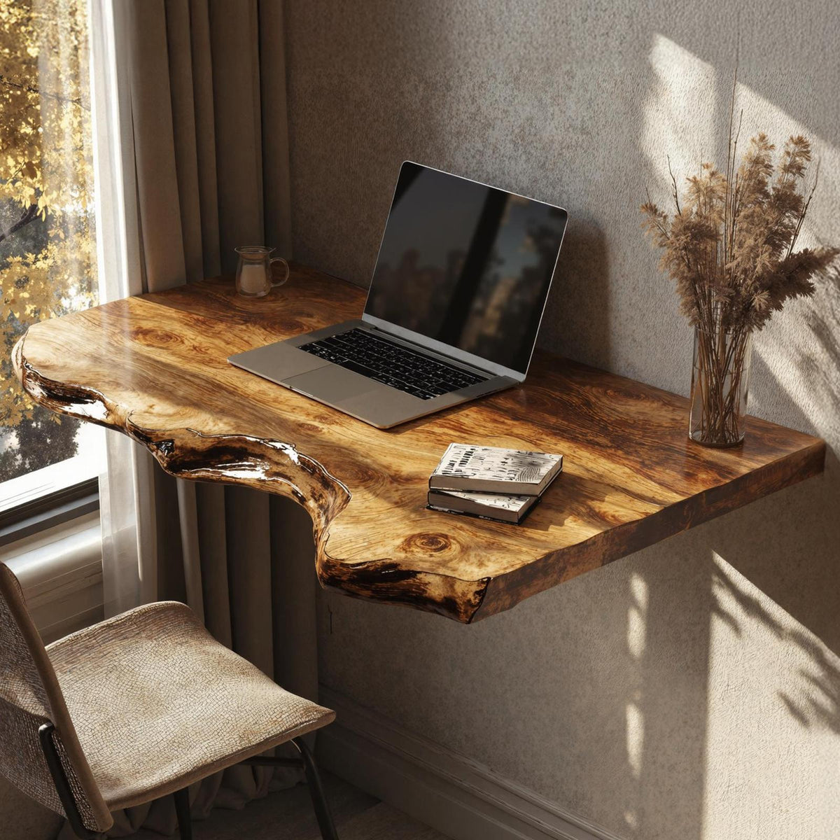 Rustic Solid Wood Floating Table Desk, Wall-Mounted Accent Shelf & Bedside Console for Bedroom
