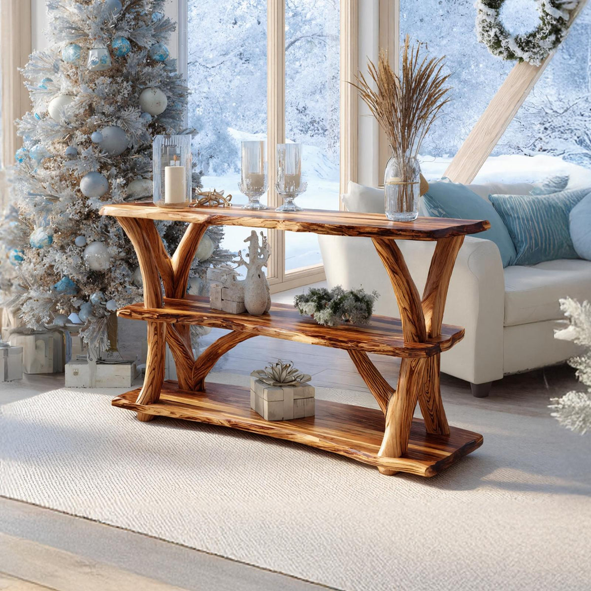 Mid-Century Live Edge Wooden Console Table, Solid Timber Slab Entryway Table, Sleek Hallway Foyer Table