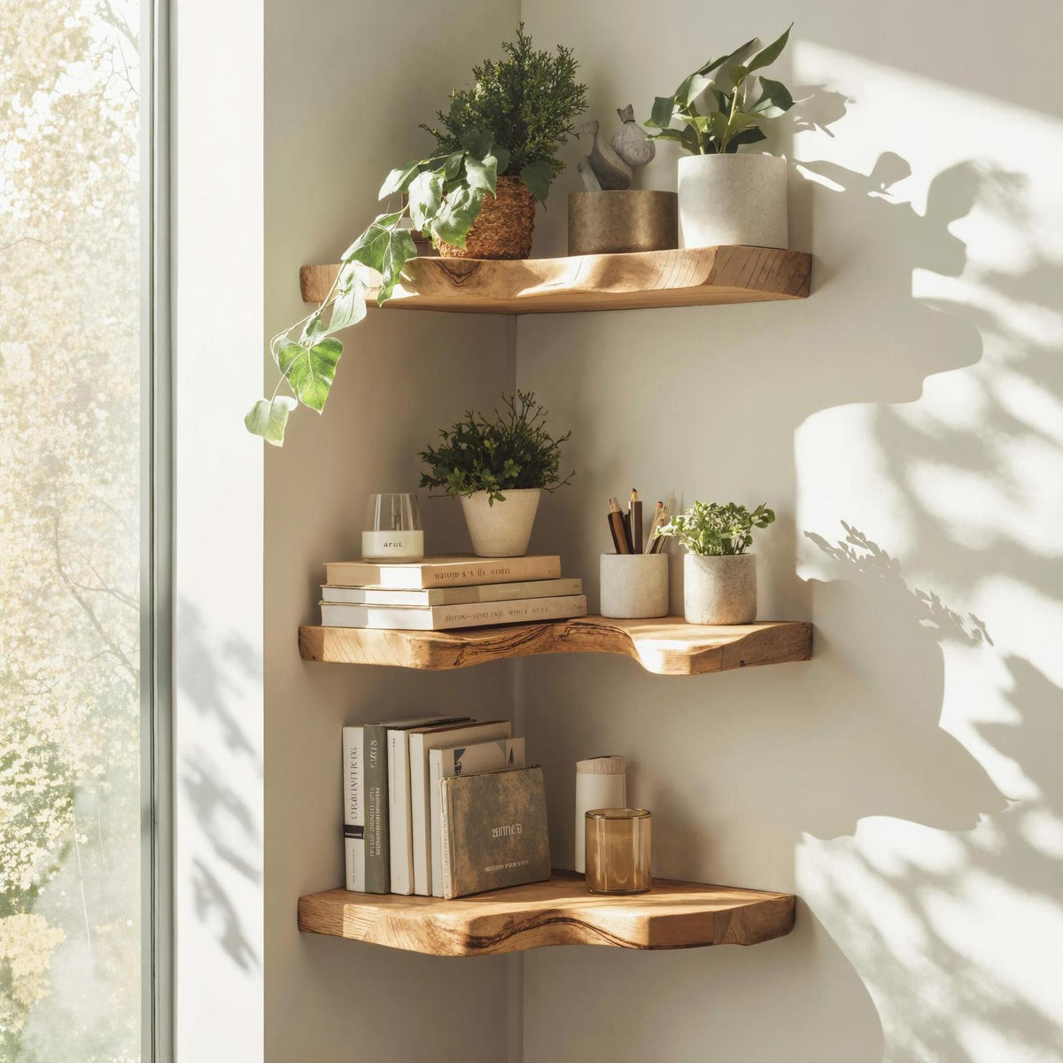Mid Century Live Edge Corner Shelf For Living Room Decor SILDTCN088