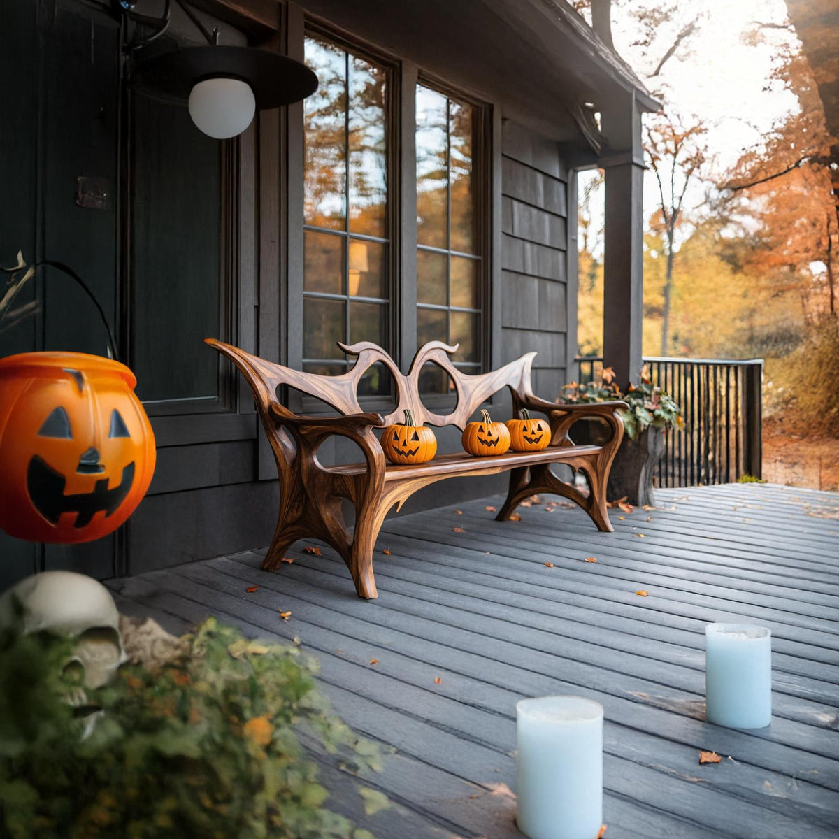 Spry Interior Farmhouse Halloween Wooden Patio Chair, Festive Outdoor Porch Seating, Gothic Carved Wood Holiday Accent Chair, SILDTTNHOB033