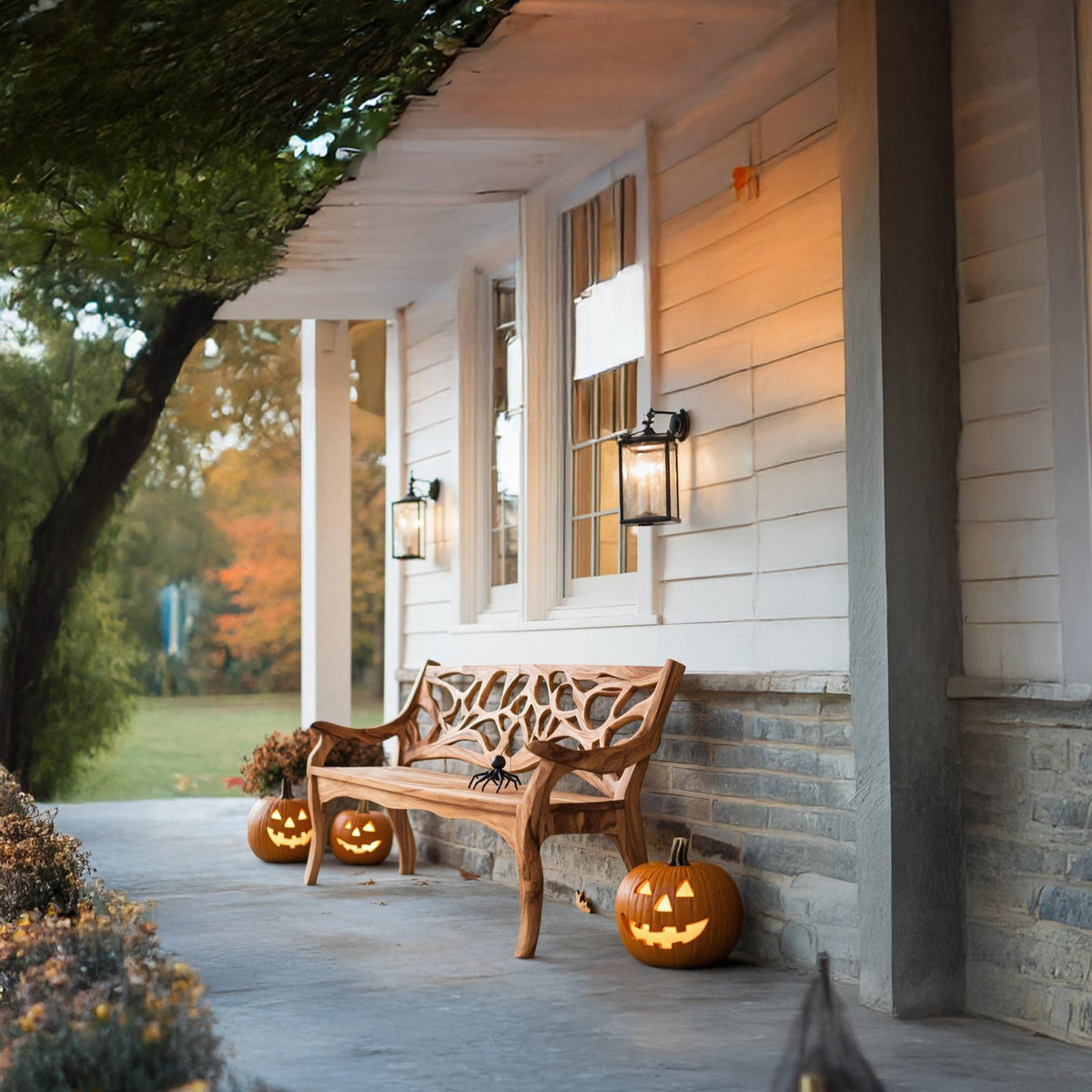 Spry Interior Handcrafted Solid Wood Halloween Bench, Spooky Carved Outdoor Garden Bench, Gothic Porch Seating, Holiday Decor, SILDTTNHOB035