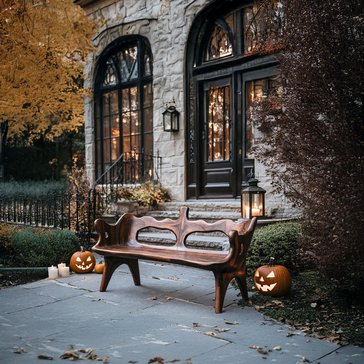 Spry Interior Rustic Wood Halloween Patio Chair, Spooky Carved Gothic Armchair for Porch, Outdoor Festive Holiday Party Seating, SILDTTNHOB009