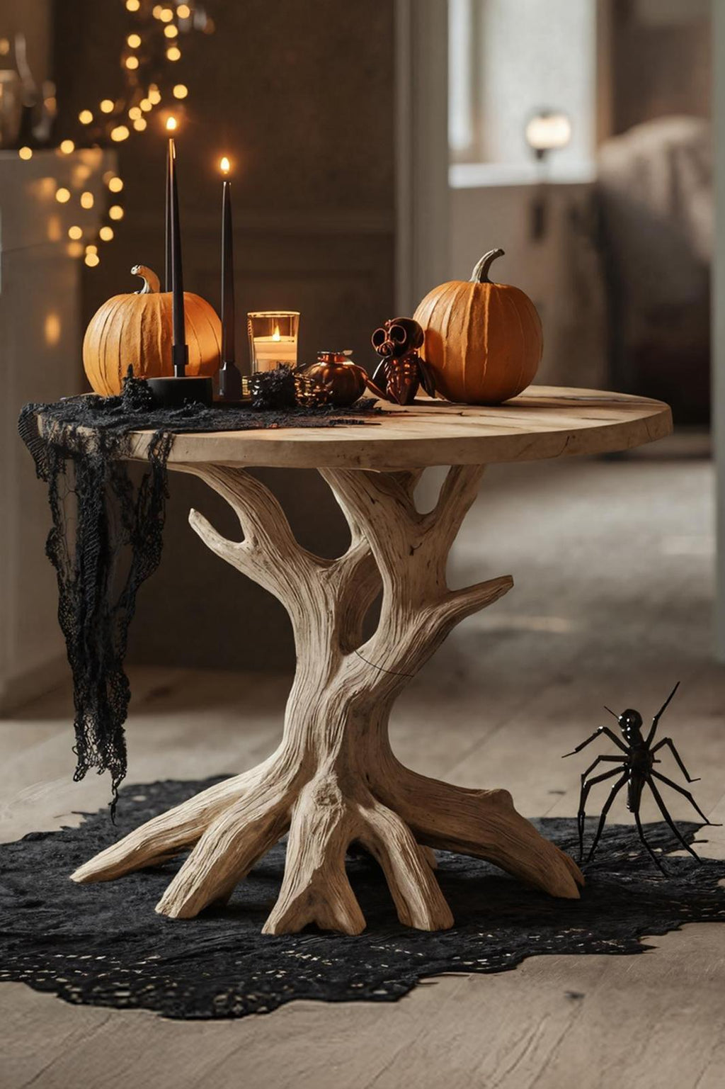 Handcrafted Round End Table, Solid Wood Side Table, Spooky Gothic Pumpkin Design Nightstand for Living Room Decor
