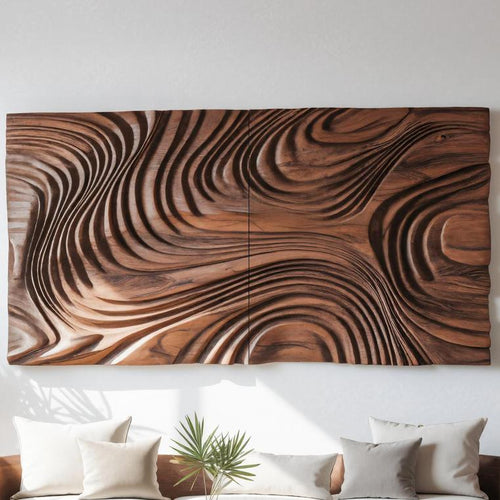 Abstract Sculptural Wood Wall Art With Carved Wave Patterns For Living Room Or Bedroom