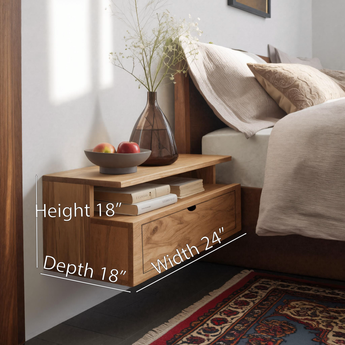 Teezano Floating Wooden Nightstand with Drawer & Shelf, Minimalist Solid Wood Wall-Mounted Bedside Table for Bedroom SITHHNNS008