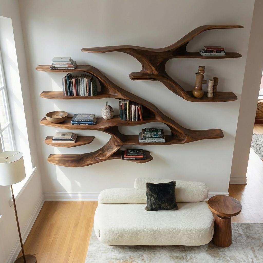 Contemporary Wooden Wall Floating Shelf, Handcrafted Solid Wood Display Ledge for Modern Living Room
